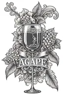 glass of wine with the word "Agape" in Barbie font tattoo design idea