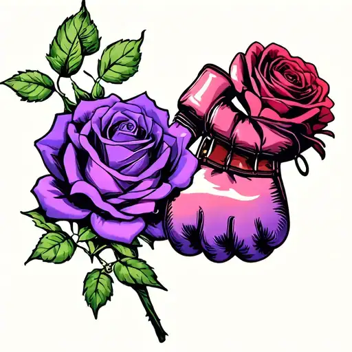 Purple rose with long stem and a pair of boxing gloves hanging from a thorn. tattoo design idea