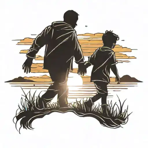A father and child silhouette holding hands against a sunset backdrop, symbolizing your role as a loving father tattoo design idea