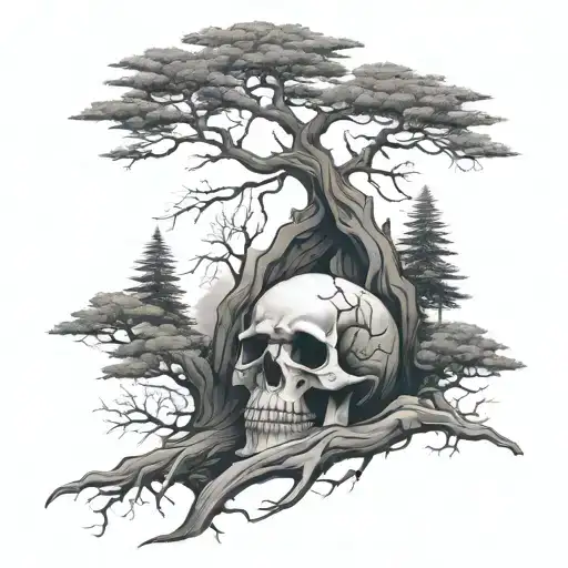 a skeleton in its grave sprouting into a beautiful pine tree tattoo design idea