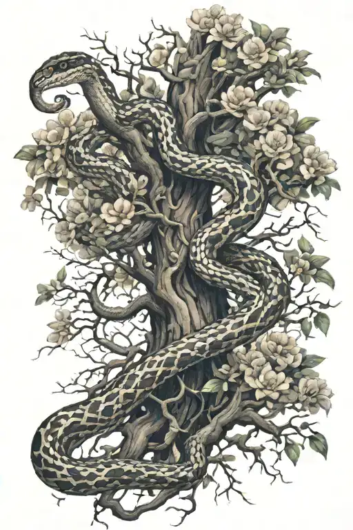 snake wrapped around middle of a tall tree with big blooming branches at the top and roots at the bottom tattoo design idea