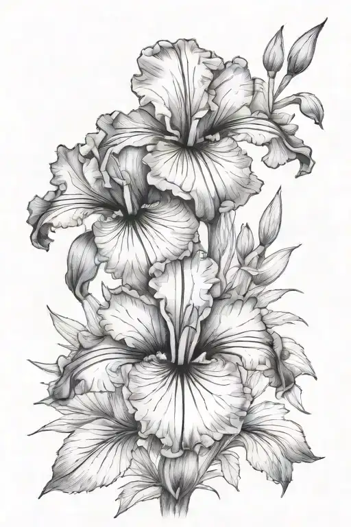 iris and violet flower bouquet tattoo design idea