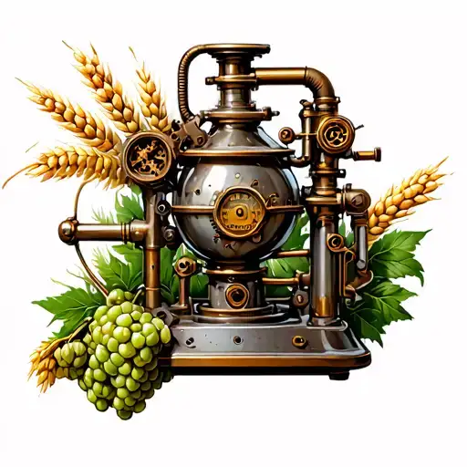A steampunk-inspired brewing machine with intricate details and gears, surrounded by hops and barley tattoo design idea