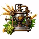 A steampunk-inspired brewing machine with intricate details and gears, surrounded by hops and barley tattoo design idea