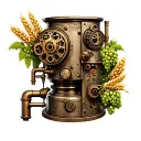 A steampunk-inspired brewing machine with intricate details and gears, surrounded by hops and barley tattoo design idea