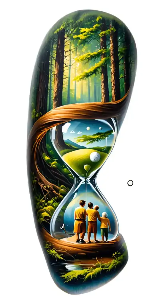 forest and family and hour glass and infinity and golf and father with 3 kids tattoo design idea