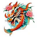 oni mask, dragon, sakura flower and koi fish arm tattoo tattoo design idea