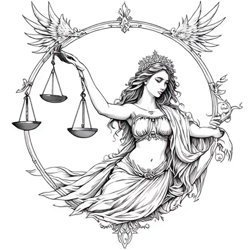 A detailed fine line tattoo of a Virgo maiden gracefully holding balancing scales in one hand, protected by a majestic l tattoo design idea