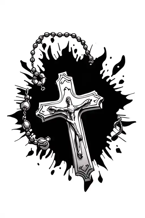  Christian cross with rosary tattoo design idea