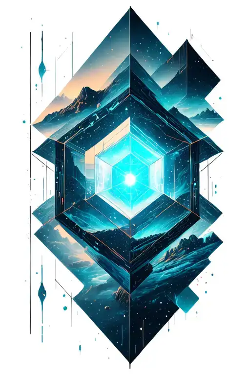 A geometric space landscape inspired by technology incorporating a small amount of cyan. element as metatron cube tattoo design idea