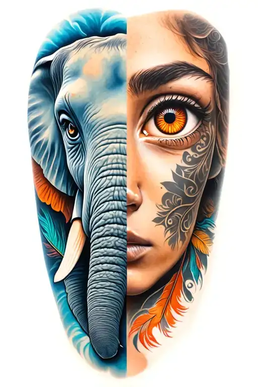 half sleeve tattoo with two half elephant hazel eye half human brown eye with tattoos and feathers tattoo design idea