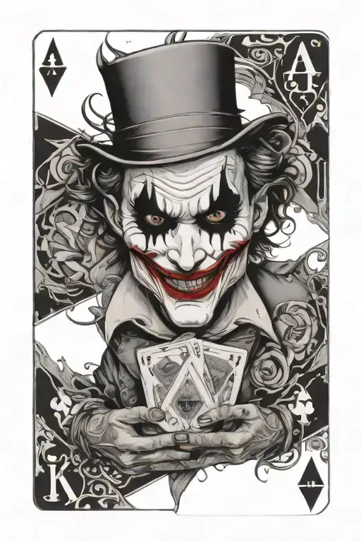 A surreal tattoo of a joker transforming into an animal while holding A K Q J diamond cards tattoo design idea