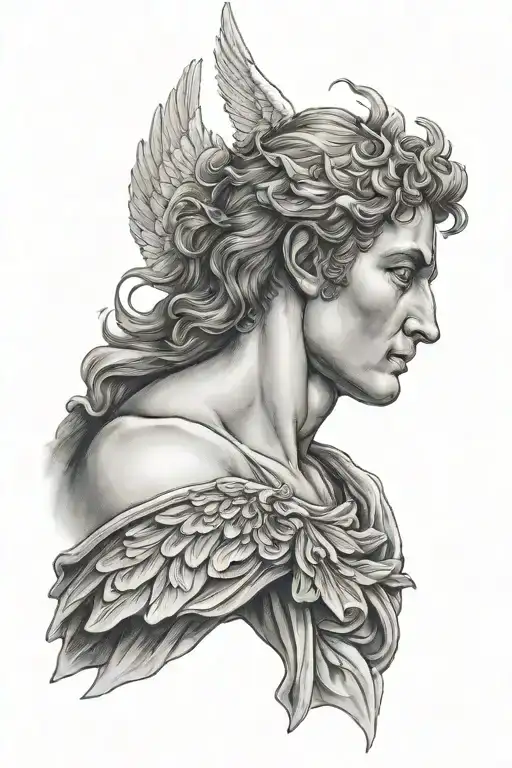 male angel head looking forward upper arm sleeve tattoo design idea