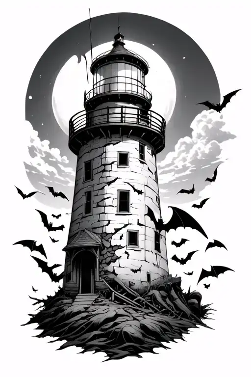 damaged light house being taken over by bats tattoo design idea