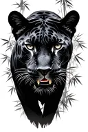 darker realistic panther front view with silhouettes of bamboo in the backround tattoo design idea