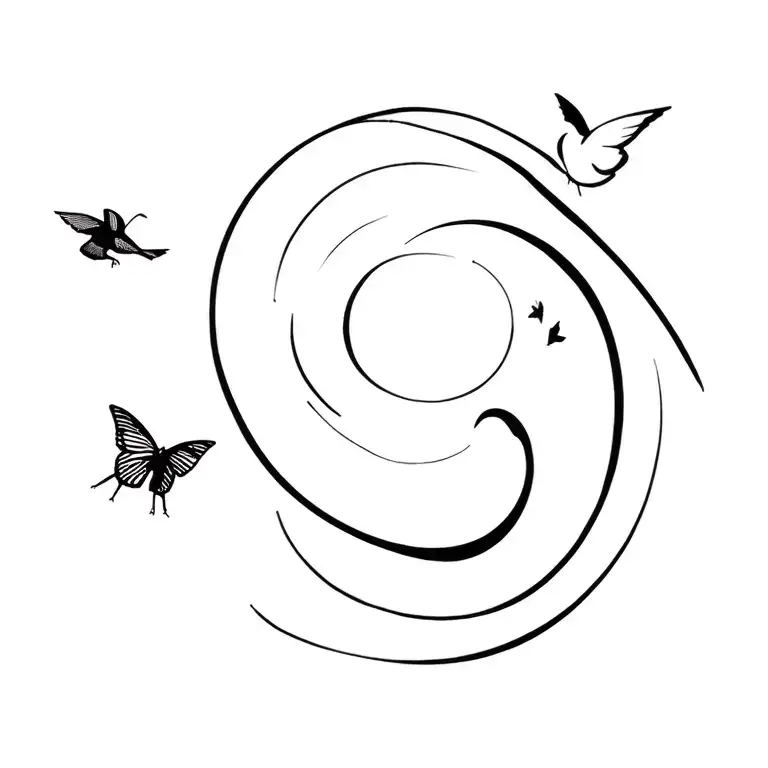 2 tiny birds flying away with a swirl and two very tiny butterflies tattoo design idea