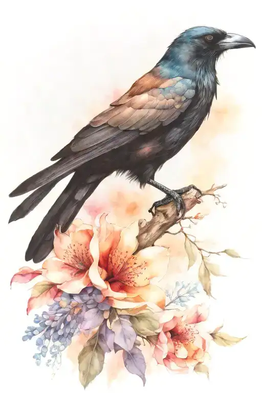  majestic crow perched on a branch, with its dark feathers contrasting against the vibrant colors of the flowers. In its tattoo design idea