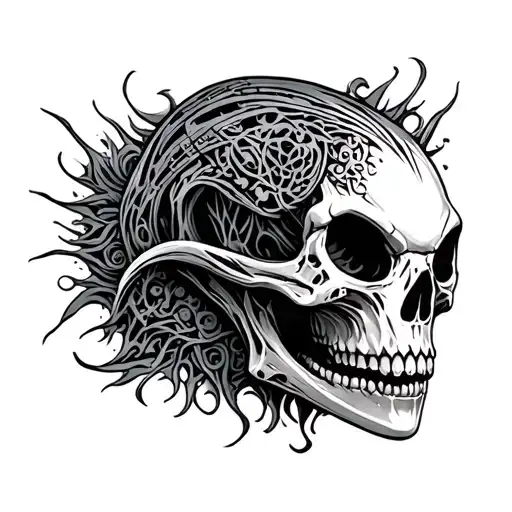 alien skull with intricate carvings in skull tattoo design idea