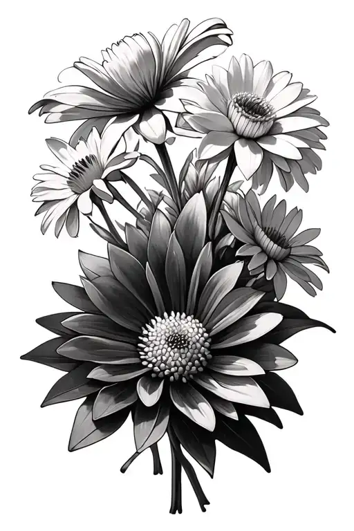 Make a bouquet with 2 daffofils, 4 chrysanthemum, 1 aster, 1 water lily tattoo design idea