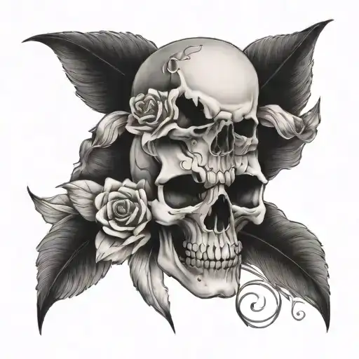 half a skull with two daffodil flowers and a rose growing tattoo design idea