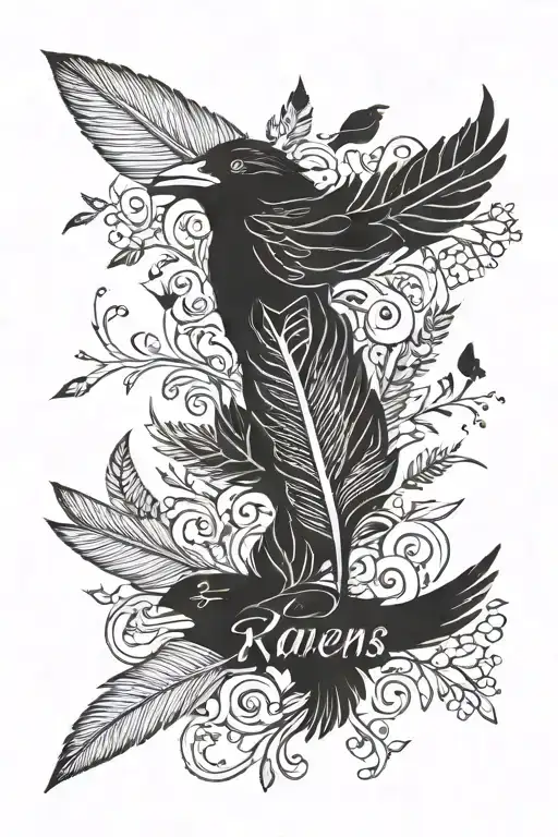 ravens feather with birds and Jamie name written tattoo design idea