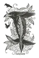 ravens feather with birds and Jamie name written tattoo design idea