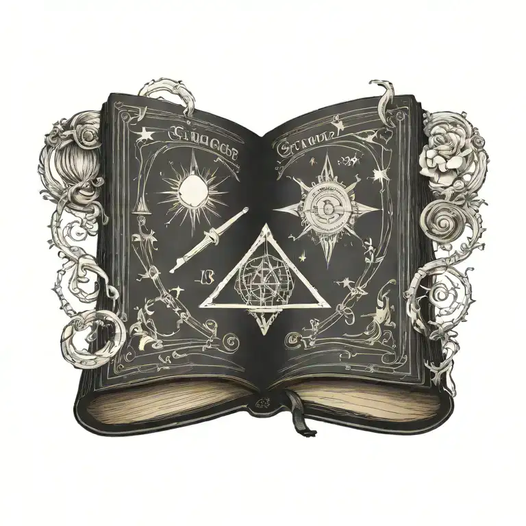 A traditional tattoo of a magical grimoire open to a page filled with intricate spell diagrams and religious iconography tattoo design idea