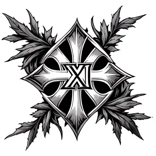 Gothic fleur-de-lis cross tattoo design for forearm featuring "XXIII" in the center, surrounded by sharp prickly leaves  tattoo design idea