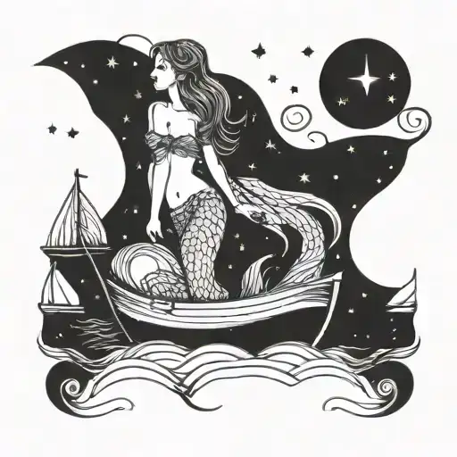 A mystical mermaid sailing on a boat under a starry sky tattoo design idea