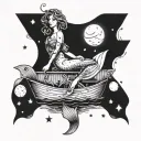 A mystical mermaid sailing on a boat under a starry sky tattoo design idea