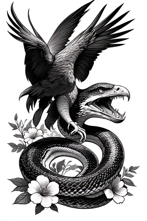 a snake and eagle looking at each other snake has fangs and it's mouth is open and there are flowers around it  tattoo design idea