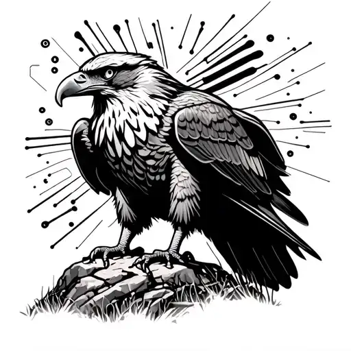 eagle standing on a rock over a field of circuit board leads in a sketch style  tattoo design idea