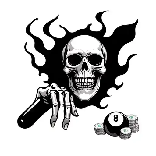 skull, 8 ball, 7's jackpot symbol, roulette, rolls of cash, skeleton hand, hot rod flames,  tattoo design idea