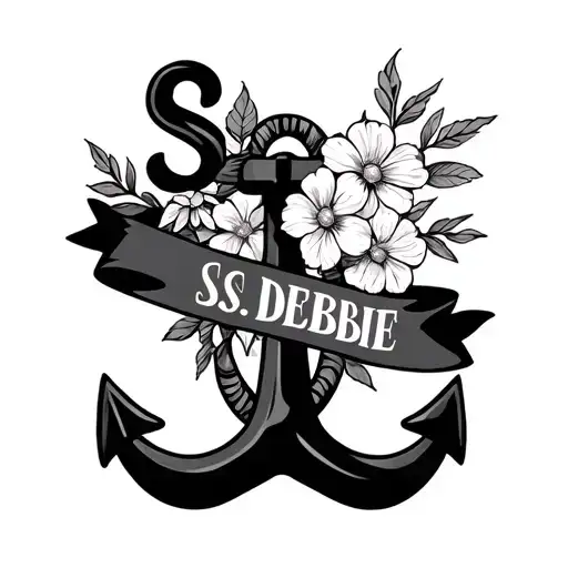 anchor that says S.S. DEBBIE in a ribbon with flowers tattoo design idea