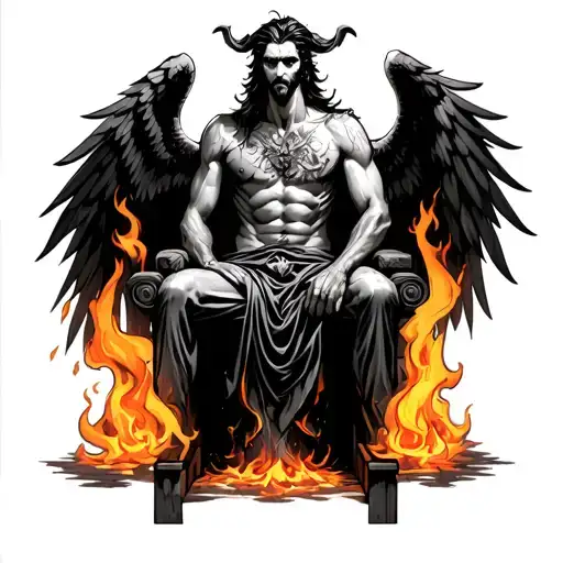 Lucifer sitting on his throne in hell, he has flames around him and he has black angelic wings. He is beautiful  tattoo design idea