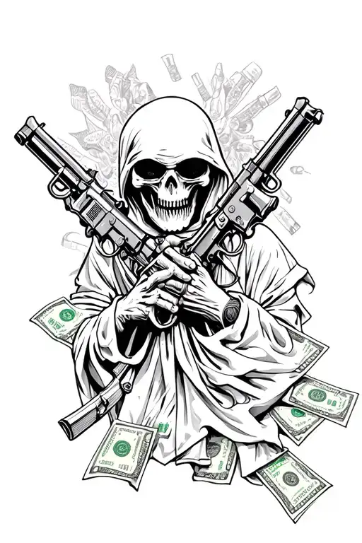 grim reaper mixed with guns money drugs tattoo design idea
