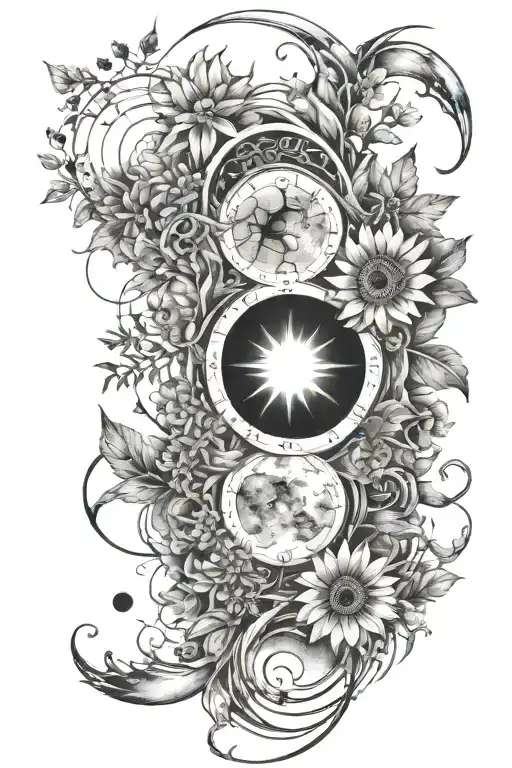 lunar phases and wild flowers tattoo design idea