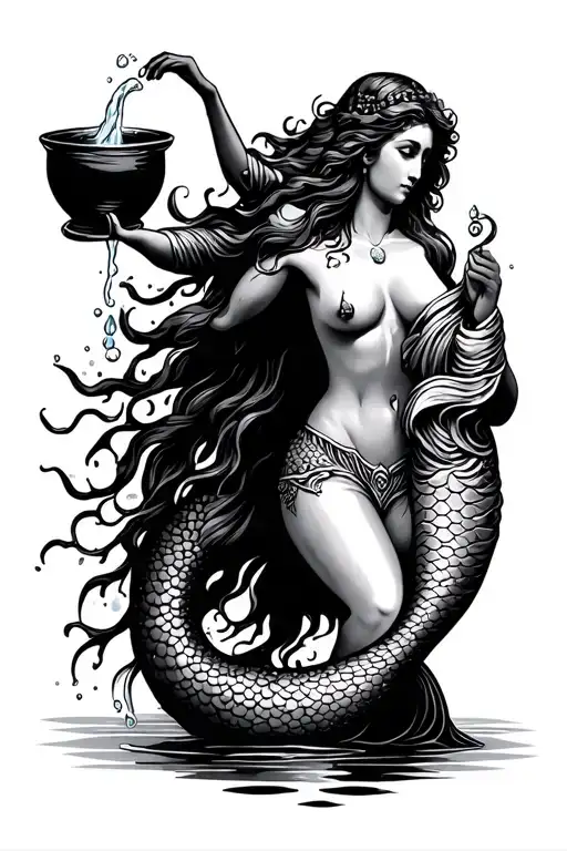 Aquarius goddess with mermaid tail holding water bearer pouring tattoo design idea