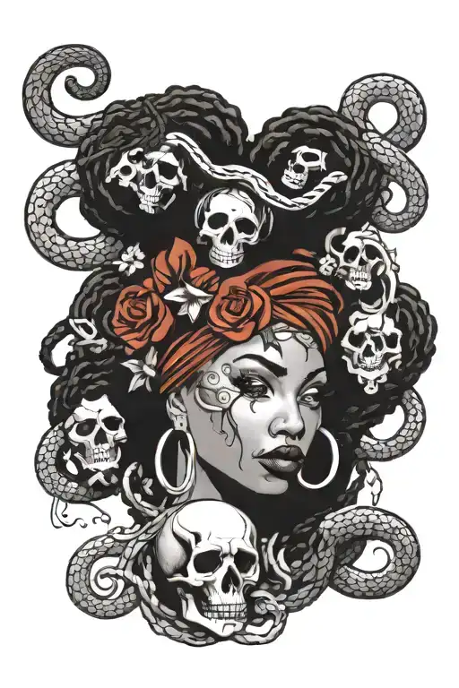 Afro Medusa tattoo. A high pony with snakes and dreds tangled in a head wrap A black tear with poppies and two skulls tattoo design idea