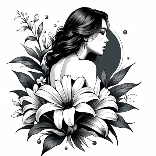 Black and White tattoo. Right hip that flows up back. Tattoo contains lily's, daisy's, ocean  tattoo design idea