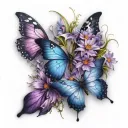 daisys, blue cosmos flowers, purple butterfly tattoo design idea