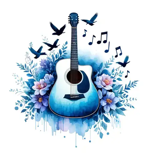 acoustic guitar with microphone and music notes, birds and flowers tattoo design idea