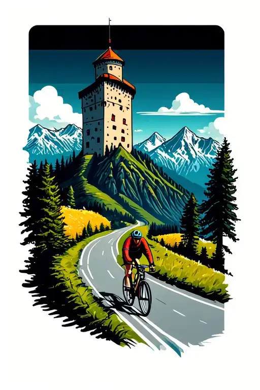 cycling up a curvy mountain road in the alps that lead towards a tower tattoo design idea