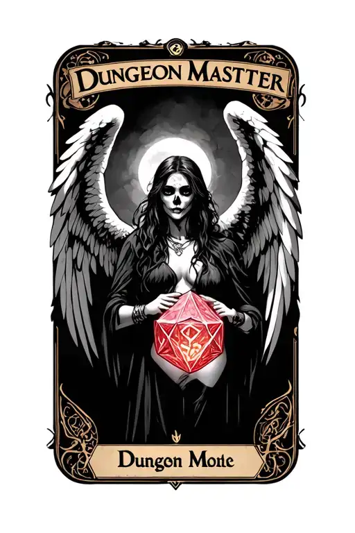 "Dungeon Master " D&D, tarot card, female angel of death, wings, d20, nsfw, nudity, boobs, tits, viscerals, organs, anatomy  tattoo design idea