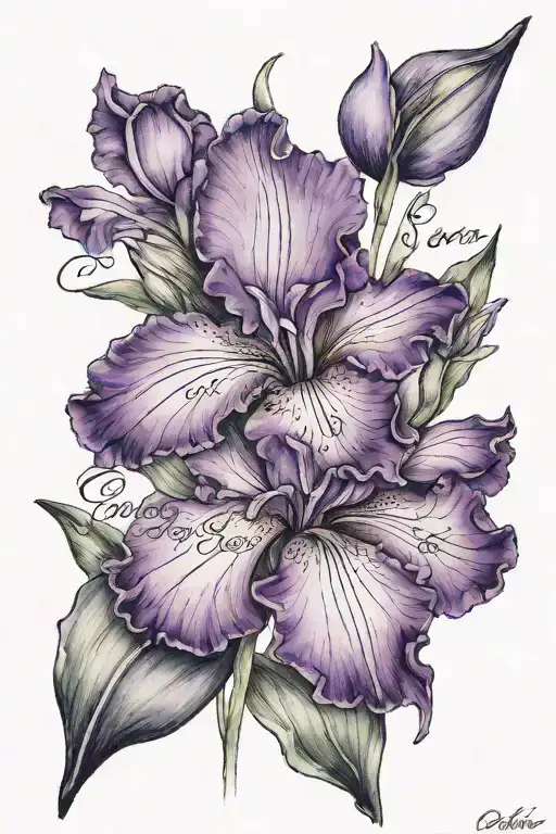 purple iris with the words que sera sera in cursive in the stem tattoo design idea