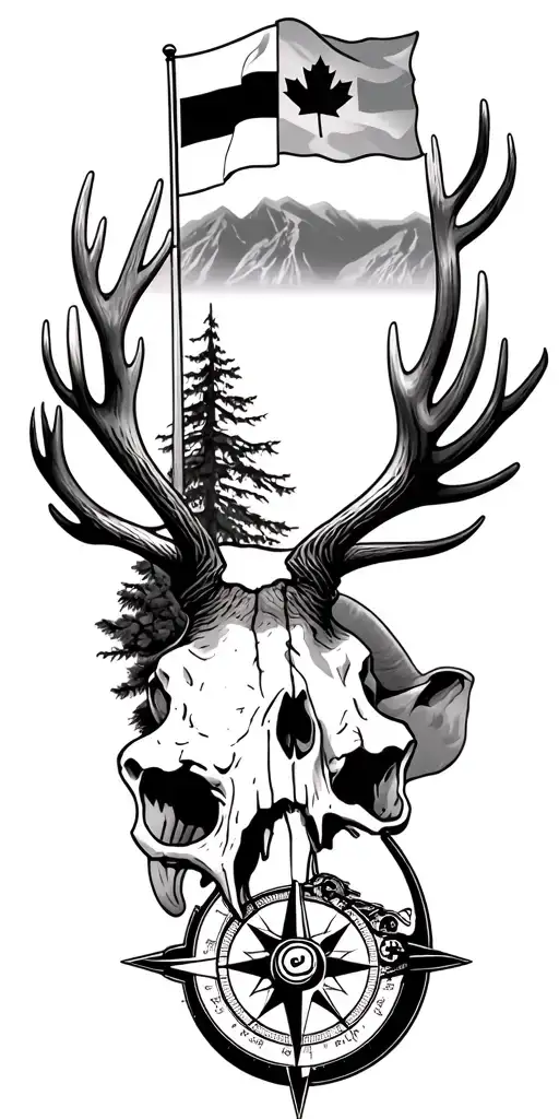 elk skull , chopper motorcycle, compass, Canadian flag and family  tattoo design idea