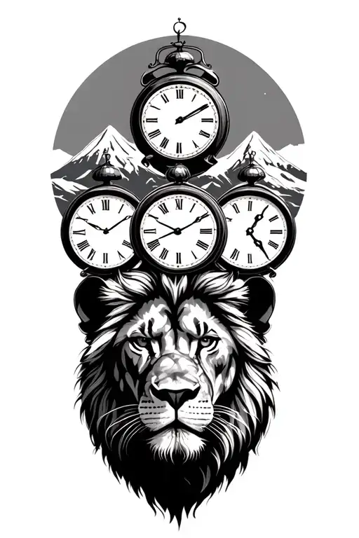 lion and three clocks and mountains tattoo design idea