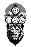 lion and three clocks and mountains tattoo design idea