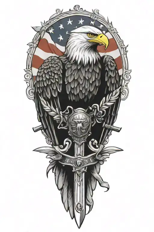 bald eagle with a sword and roses in front of an American flag tattoo design idea