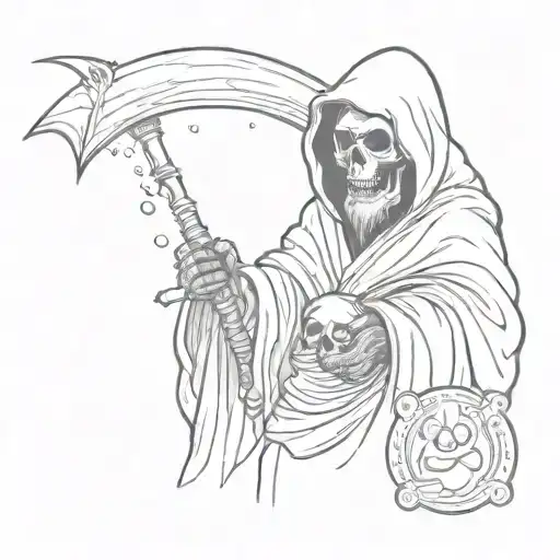 grim reaper holding a teddy bear surrounded by bubbles tattoo design idea